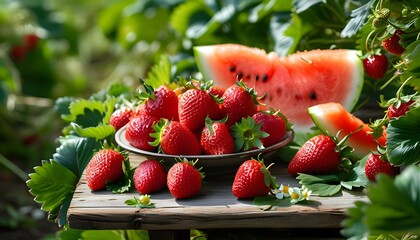 Wall Mural - Vibrant rustic table adorned with fresh strawberries and watermelon slices amidst rich greenery