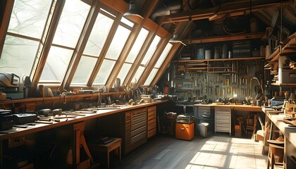 Charming attic workshop illuminated by natural light, showcasing an array of tools and equipment in a rustic setting