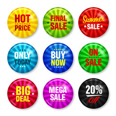 Wall Mural - Realistic funky badges with text. Product promotion, sale. Special offer. Glossy round button. Pin badge mockup. Vector illustration