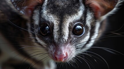 Close-up of a beautiful sugar glider with striking eyes and unique fur patterns. A stunning pet and wildlife capture that amazes.