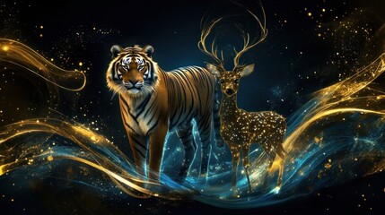 Canvas Print - Tiger and Deer in a Magical, Golden Light