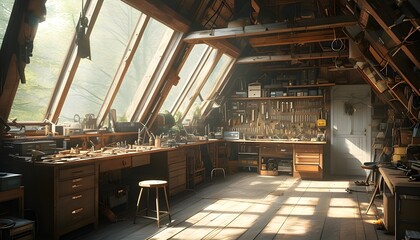 Charming attic workshop illuminated by natural light, showcasing an array of tools and equipment in a rustic setting