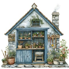 Poster - Charming Cottage Garden Shed with Watercolor Illustration.