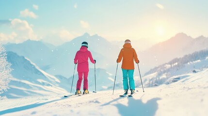 Canvas Print - Couple on ski slope skiing on sunny day in the alps.