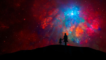 Wall Mural - space background. man and girl silhouette walking on land with colorful fractal nebula and starfield