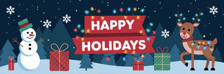 happy holidays header or banner with snowman and reindeer and christmas presents