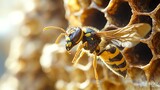 A yellow and black wasp with wings outstretched, perched on the edge of a honeycomb.