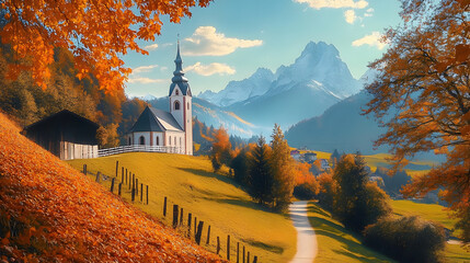 A famous picture of Bavaria with Maria Gern church and Hochkalter peak in the background. A sunny autumn scene of the Alps. A beautiful scene of Germany countryside in the autumn.