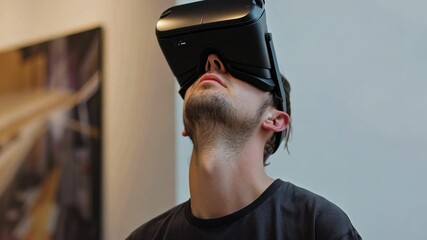 Poster - A person is engaged with a virtual reality headset, fully immersed in a digital experience while surrounded by contemporary art at an exhibition space.