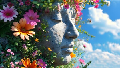 Wall Mural - Tranquil stone visage adorned with colorful blooms and lush foliage beneath a clear blue sky