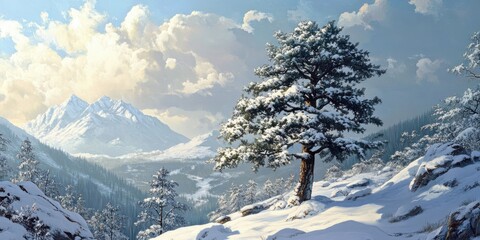 Wall Mural - pine tree in a snowy landscape