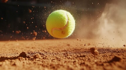 Wall Mural - Dynamic shot of a tennis ball hitting a clay court with dust particles 