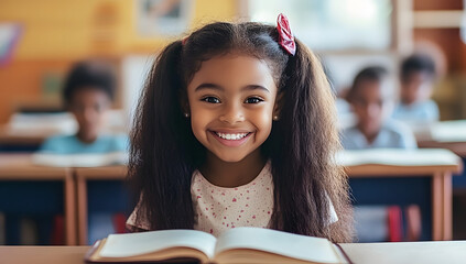 Wall Mural - Cute smiling black schoolgirl with book on desk, isolated with white highlights, in classroom, 