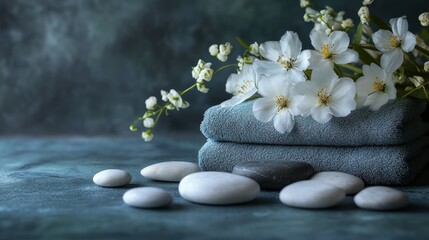 Spa arrangement featuring white flowers stones and towels on a serene background promoting relaxation and wellness