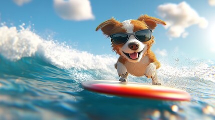 Canvas Print - Dog surfing on surfboard. Cute happy puppy dog on wave, wearing sunglasses. Funny pet animal cartoon illustration of adventure and courage in the ocean.