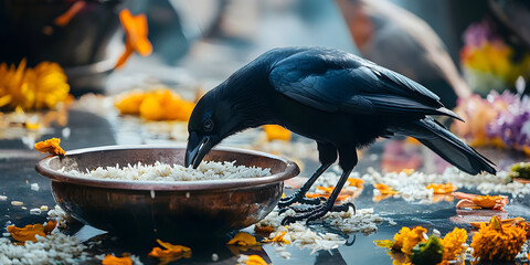 Canvas Print - A crow eats rice offerings during the Pitru Paksha ritual, representing ancestral feeding.