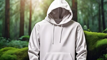 Canvas Print - white Blank hoodie mockup on green natural jungle background.Blank sweatshirt white color preview template front and back view . crew neck mock up isolated on nature background.Winter Cloth collection