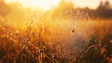 Wall Mural - Dewy Spider Web in Golden Sunset Light