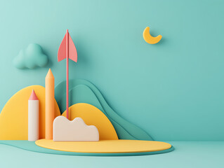 Wall Mural - colorful 3d rendering of abstract shapes with landscape elements, featuring a playful and vibrant de
