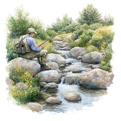 Sticker - Fisherman casting a line in a scenic mountain stream.