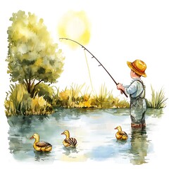 Canvas Print - Watercolor Illustration of a Boy Fishing with Ducks in a Lake.