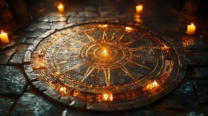 Wall Mural - A glowing circle with an intricate design on a stone floor surrounded by candles.