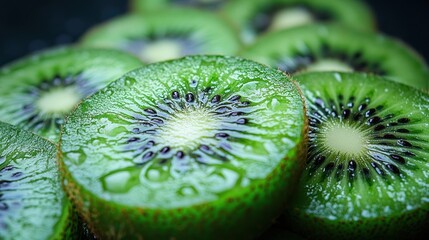 Wall Mural - Close-up of Sliced Kiwi Fruit with Water Droplets