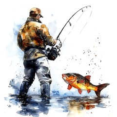 Canvas Print - Fisherman reeling in a catch with watercolor effect.