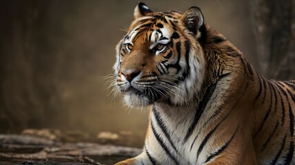 A highly detailed, realistic close-up shot of a tiger with an intense gaze The tiger's orange and black stripes are captured with stunning clarity, showing off the animal's power and majesty in nature