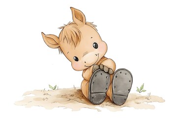 Wall Mural - Cute Watercolor Illustration of a Brown Foal Sitting on the Ground with Its Legs Crossed.