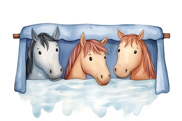 Wall Mural - Three Watercolor Horses Peeking from Under a Blanket.