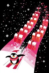 Canvas Print - Penguin Skiing Down a Mountain of Presents