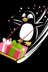 Sticker - Penguin Sliding Downhill with a Gift