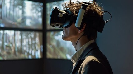 Poster - A person is engaged in a virtual reality session, wearing a headset and immersed in a digital landscape. The technology enhances their experience in an innovative space.