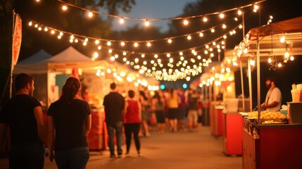 A nighttime community event with string lights food stalls and people gathered in a lively joyful ambiance