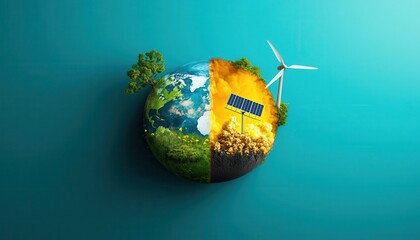 earth divided in two halves, one with pollution and the other with renewable energy, illustrating th