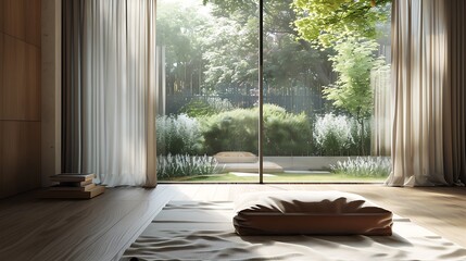 Wall Mural - Modern minimalist interior featuring a cozy floor cushion in earthy tones positioned by a large window, overlooking a peaceful garden outside