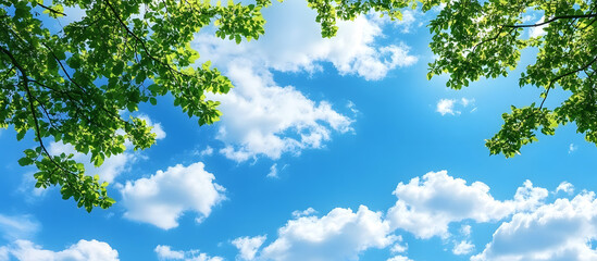 blank blue sky with fluffy clouds and green tree branches in the foreground providing copy space ima