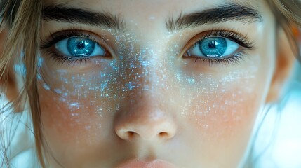 Poster - Close-up of a person with striking blue eyes and digital effects on skin.