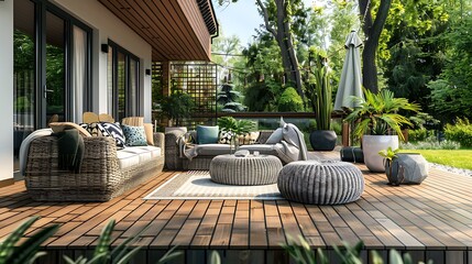 Wall Mural - Modern patio with a wooden veranda, comfortable outdoor furniture, and a wicker ottoman, designed for a relaxing and inviting backyard space