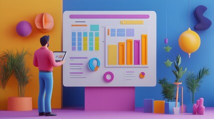 Poster - 3D Businessman Analyzing Data Graphs Charts on Tablet