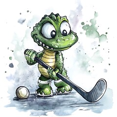 Wall Mural - Watercolor Illustration of a Crocodile Playing Hockey.