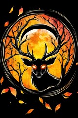 Poster - Mystical Deer Silhouette with Full Moon and Autumn Leaves