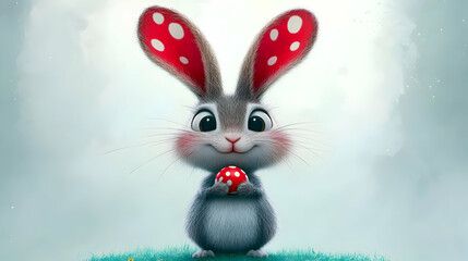 Cute Cartoon Bunny with Red Polka Dot Ears Holding a Red Polka Dot Egg Against a Soft Blue and White Background