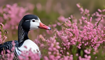 Wall Mural - Northern gannet perched amid vibrant pink heather blossoms