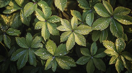 Wall Mural - Green Leaves with Water Droplets in Nature