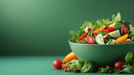 Wall Mural - Fresh and Vibrant Salad in Green Bowl on Green Background