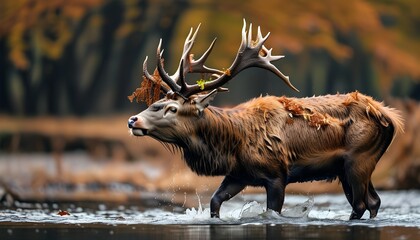 Wall Mural - Majestic red deer stag adorned with bracken crossing river amidst the excitement of rutting season