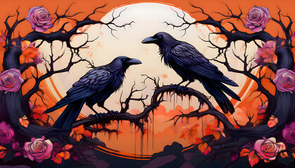 ravens, halloween, raven, animal, illustration, crow, flower, design, silhouette, tree, new, roses, colorful, abstract, floral, bohemian, style, bird, nature, pattern, feather, cartoon, art, on, ad, 2