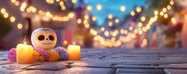 A vibrant scene featuring a decorative skull with candles and flowers, illuminated by glowing lights, evoking festive celebration.